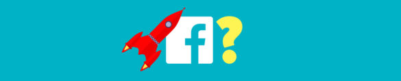 Rocket ship, facebook logo and question mark.